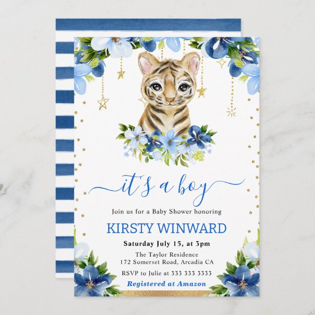 Watercolor Blommigt Tiger Unge Boy Baby Shower Inbjudningar (Fram/baksida)