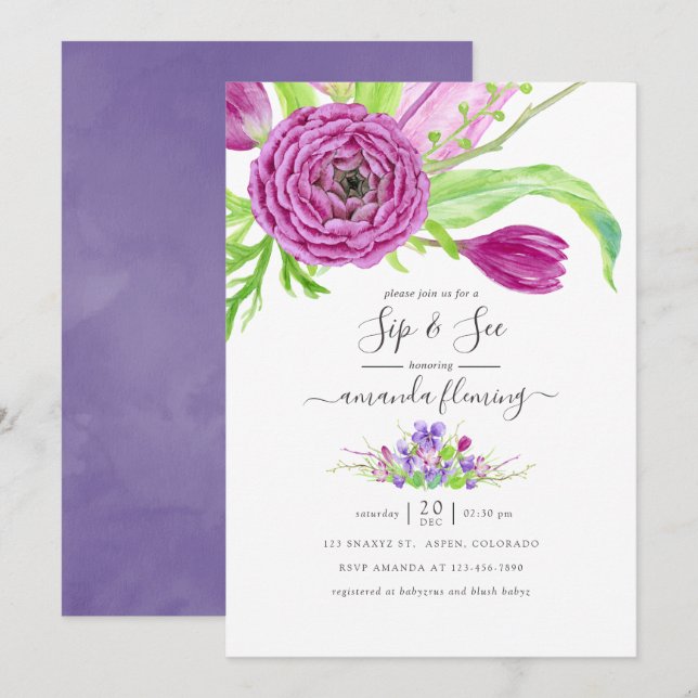 Watercolor Blommigt Vår Sip and See Inbjudningar (Fram/baksida)
