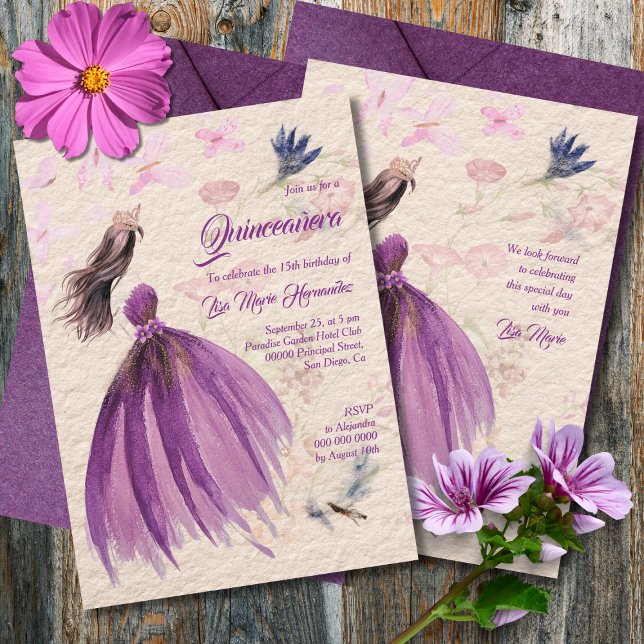 Watercolor Blommigt Violet Tones Quinceañera Inbjudningar (Skapare uppladdad)