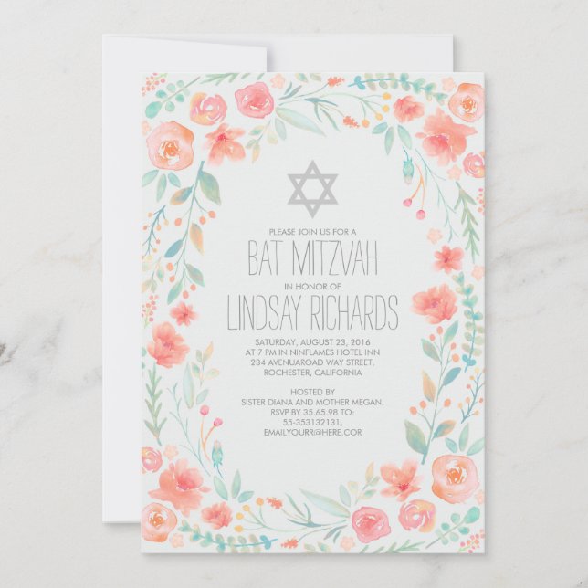 Watercolor Blommigt Wandeand Garden Bat mitzvah Inbjudningar (Framsida)
