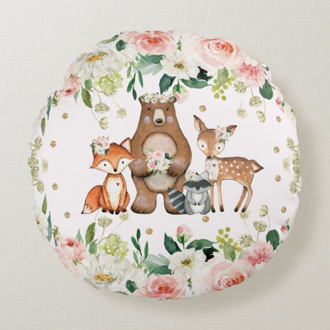 Watercolor Blommigt Woodland Animals Girl Nursery Rund Kudde (Framsidan)