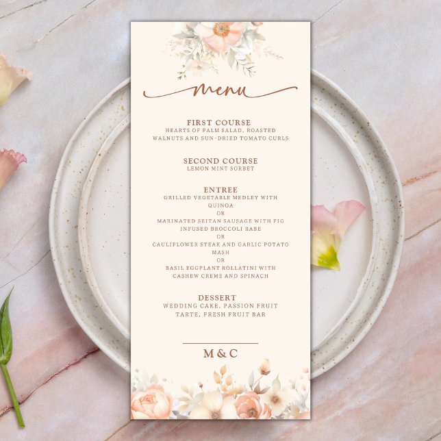 Watercolor Blommigts Peach Bröllop Menu Meny (Skapare uppladdad)