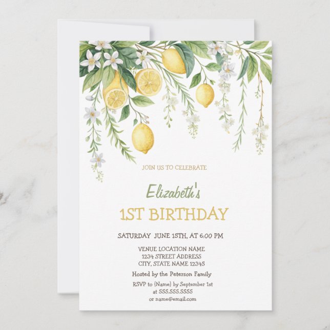 Watercolor Blooming Lemons Birthday  Inbjudningar (Framsida)