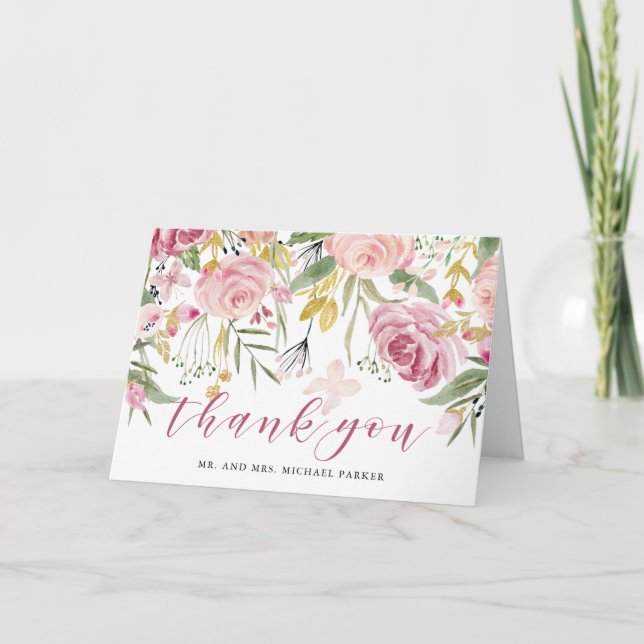 Watercolor Blooms | Rosa och Guld Blommig Tack Kort (Framsida)