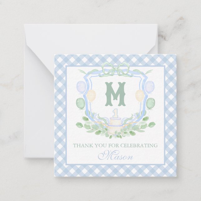 Watercolor Blue 1st Birthday Monogram Crest Gift Anteckningskort (Framsida)