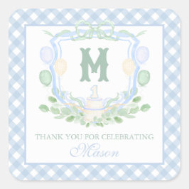 Watercolor Blue 1st Birthday Monogram Crest Gift Fyrkantigt Klistermärke