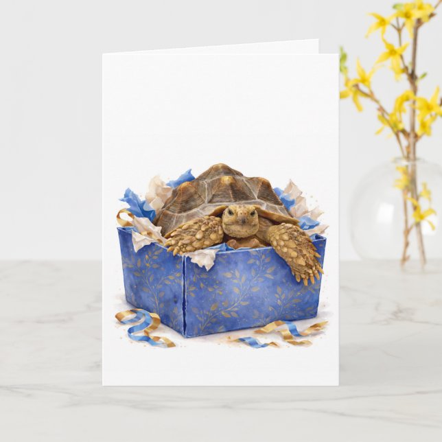 Watercolor Blue and Gold Birthday Gift Turtle Kort (Gul blomma)