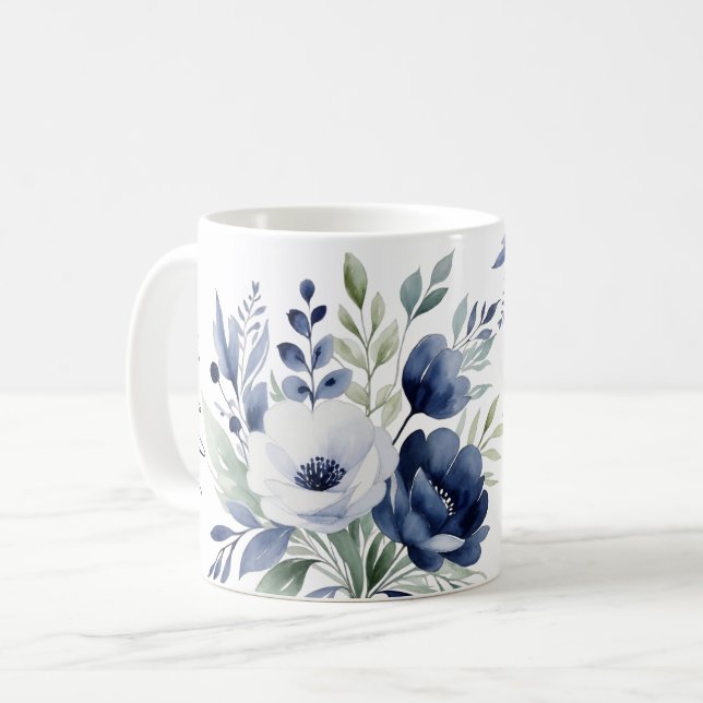 Watercolor Blue and White Blommigt Bouquet Kaffemugg (Framsida vänster)