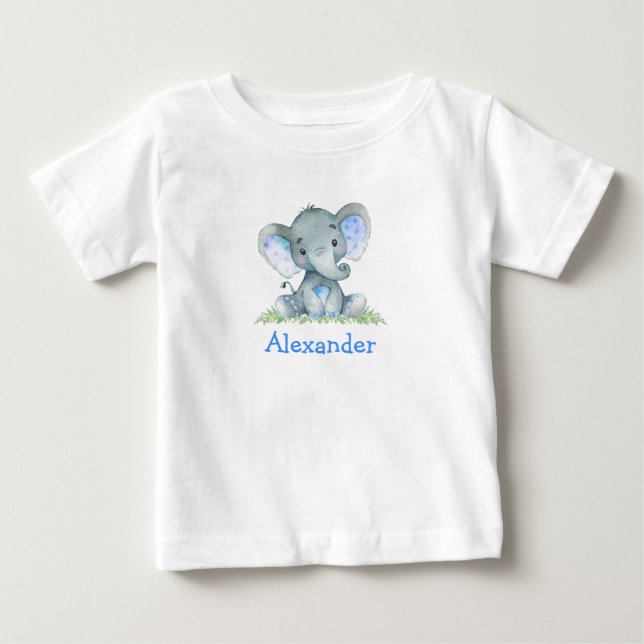 Watercolor Blue Baby Elephant på Greenery T Shirt (Framsida)