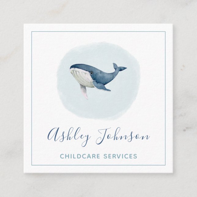 Watercolor Blue Baby Whale Babyvvakt Childcare Fyrkantigt Visitkort (Framsida)