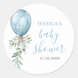 Watercolor Blue Balloon Greenery Baby Shower Runt Klistermärke