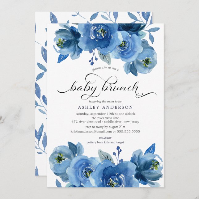 Watercolor Blue Blommigt Baby Brunch Inbjudningar (Fram/baksida)