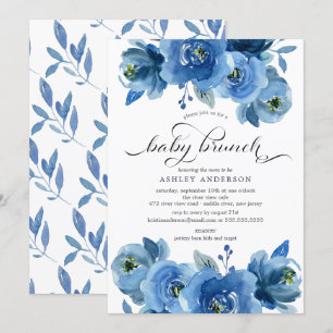 Watercolor Blue Blommigt Baby Brunch Inbjudningar