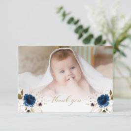 Watercolor Blue Blommigt Guld Boy Photo Baptism Tack Kort