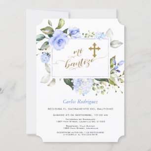 Watercolor Blue Blommigt Ram Guld Kor Mi Bautizo Inbjudningar