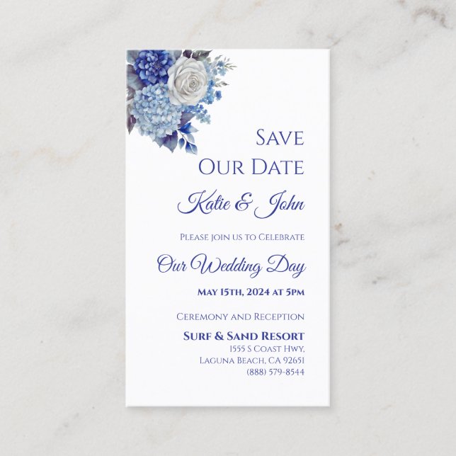 Watercolor Blue Bouquet-Bröllop spara datum- Visitkort (Framsida)