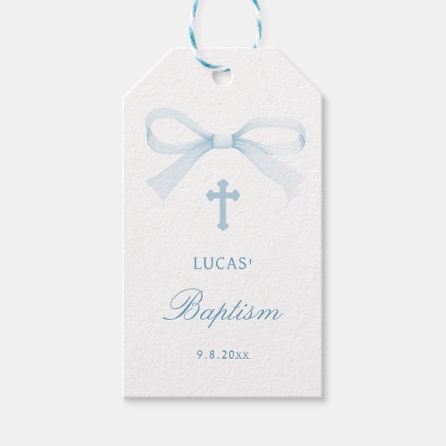 Watercolor Blue Bow Baptism Presentetikett (Framsidan)