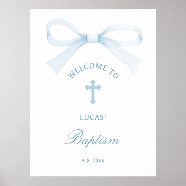 Watercolor Blue Bow Baptism Welcome Poster (Framsidan)