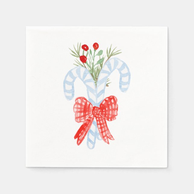 Watercolor Blue Bow Candycane Cocktail Napkins Pappersservett (Framsidan)