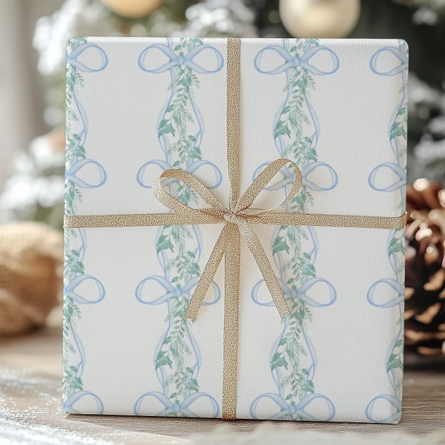 Watercolor Blue Bow Garland jul Presentpapper (Skapare uppladdad)