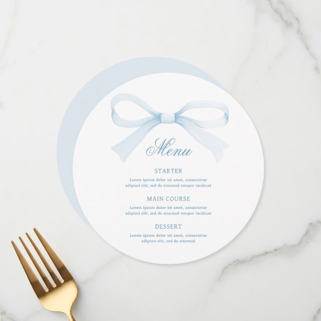 Watercolor Blue Bow Round Menu Meny (Fram/Back In Situ)