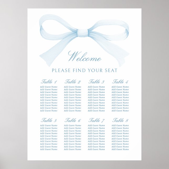 Watercolor Blue Bow Seating Chart Poster (Framsidan)