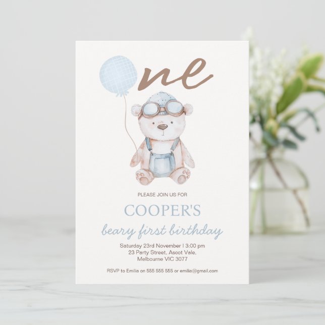 Watercolor Blue Brown Beary First Birthday  Inbjudningar (Stående Fram)