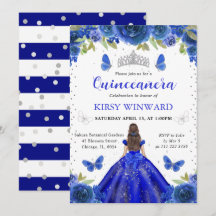 Watercolor Blue Brunette Princess Quinceanera