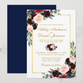 Watercolor Blue Burgundy Guld Blommigt Bröllop Inbjudningar