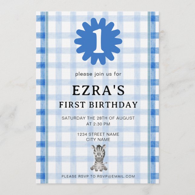 Watercolor Blue Check Koala Birthday Invitation Inbjudningar (Framsida)
