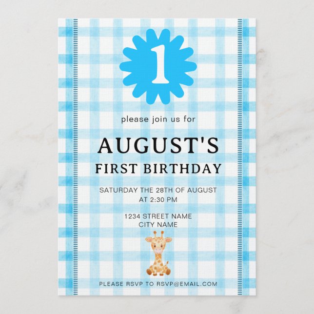 Watercolor Blue Check Koala Birthday Invitation Inbjudningar (Framsida)