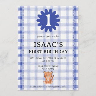 Watercolor Blue Check Tiger Birthday Invitation Inbjudningar