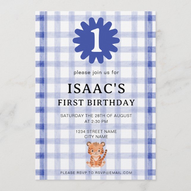 Watercolor Blue Check Tiger Birthday Invitation Inbjudningar (Framsida)