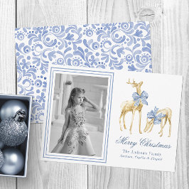 Watercolor Blue Chinoiserie Reindeer Photo Julkort