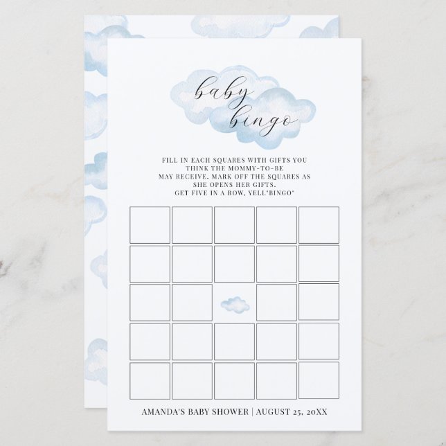 Watercolor Blue Cloud Baby Shower Baby Bingo (Fram/baksida)