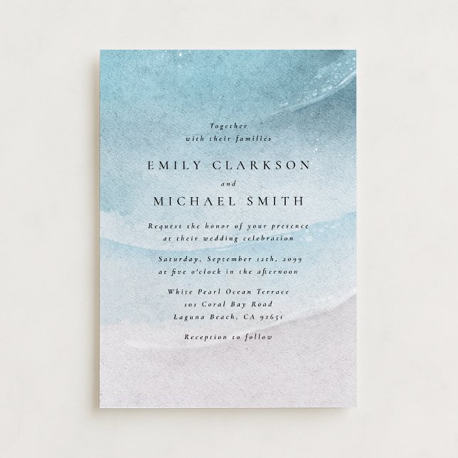 Watercolor Blue Coastal Beach Wedding Invitation Meddelande (Skapare uppladdad)