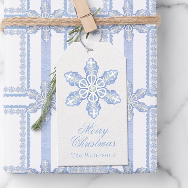 Watercolor Blue Designer Snowflake-jul Presentetikett (Skapare uppladdad)