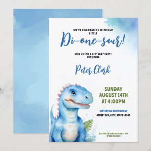 Watercolor Blue Dinosaur Pojke 1:a födelsedag Inbjudningar