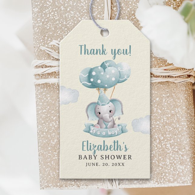 Watercolor Blue Elephant Baby Shower  Presentetikett (Skapare uppladdad)