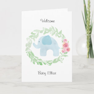 Watercolor Blue Elephant Välkommen Baby Kort