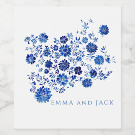 Watercolor Blue Floral Bouquet Wedding Vinflaska Etikett