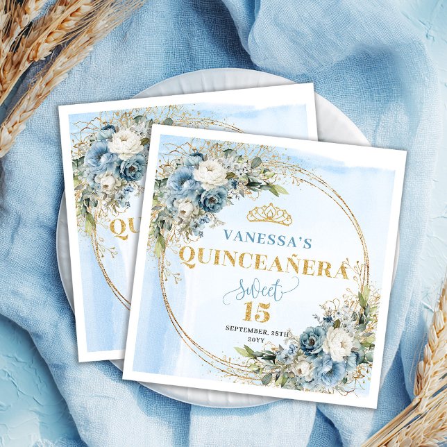 Watercolor Blue Floral Gold Quinceañera Napkins Pappersservett (Watercolor Blue Floral Gold Quinceañera Napkins)