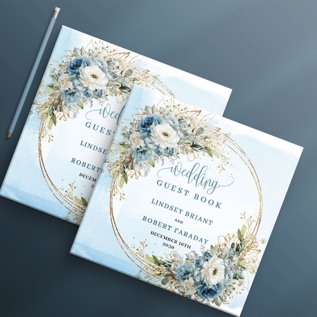 Watercolor Blue Floral Gold Wedding Guest Book Gästböcker (Watercolor Blue Floral Gold Wedding Guest Book)