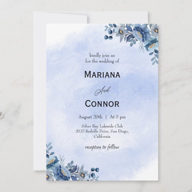 Watercolor Blue Floral Wedding Invitation Inbjudningar (Framsida)