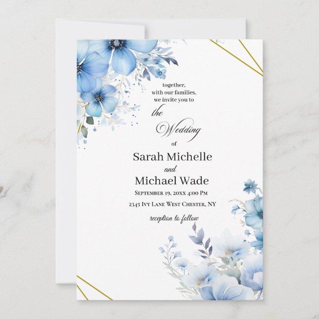 Watercolor blue floral Wedding Invitation Inbjudningar (Framsida)