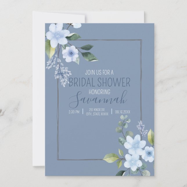Watercolor Blue Floral Wedding Shower Invitation (Framsida)