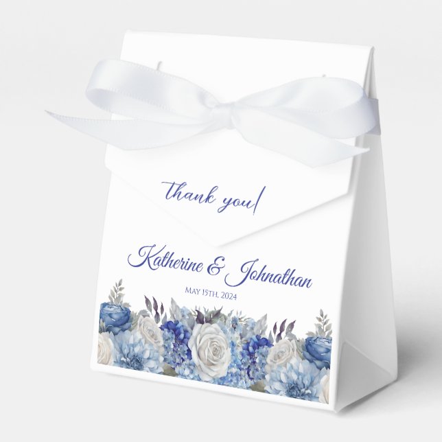 Watercolor Blue Flower Bouquet-Bröllop Tack Presentaskar (Framsidan Sidan)