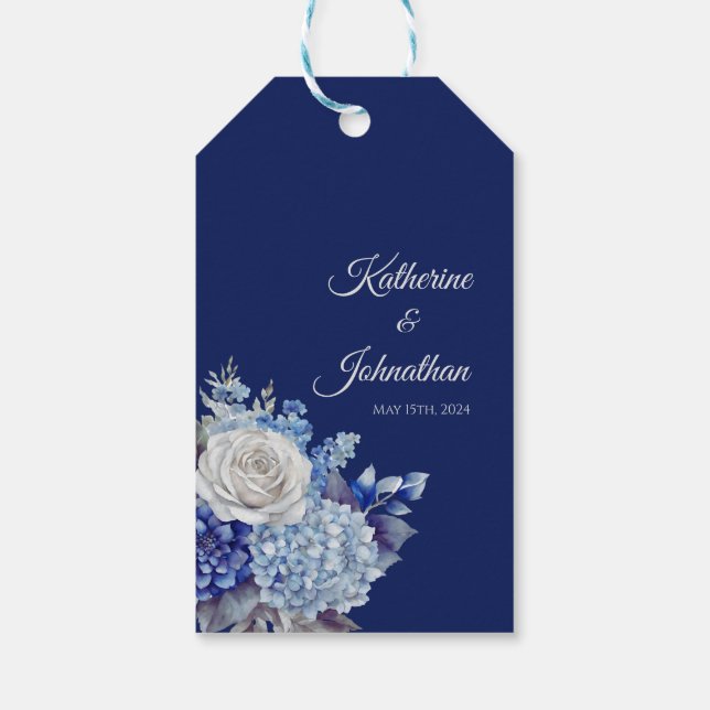 Watercolor Blue Flower Bouquet-Bröllop Tack Presentetikett (Baksidan)