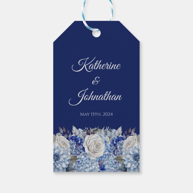 Watercolor Blue Flower Bouquet-Bröllop Tack Presentetikett (Baksidan)