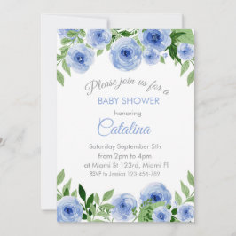 Watercolor Blue Flowers Baby Shower Invitation Inbjudningar